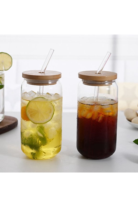 Jar with Lid and Straw, 16oz Wide Mouth Jar Drinking Glasses Tumbler, Reusable Boba Cups Travel Bottle for Iced Coffee Large Pearl Juices Cocktail
