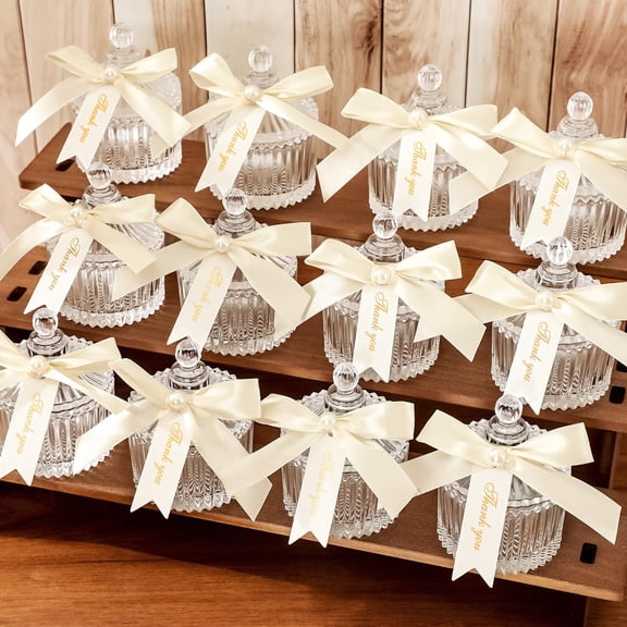 JarThenaAMCS 12 Sets Baptism Favors Clear Glass Jar with Lid Pearl Ribbon Bow Thank You Tag Candy Crystal Canister for Birthday Baby Shower Wedding Party Table Countertop Decor Y101