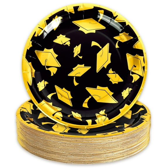 JarThenaAMCS 50Pcs Graduation Paper Plates 9 AFN1Inch 2025 Party Disposable Supplies Class of 2025 Congrats Black Gold Foil Mortarboard Dinner Dessert Plates for Graduation Party Table Decor