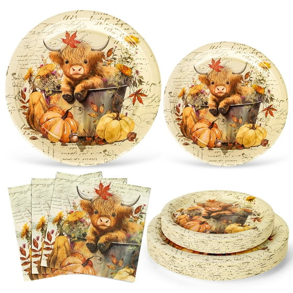JarThenaAMCS 72Pcs Fall Tableware Set Highland AFN1Cow Pumpkin Party Supplies Autumn Disposable Paper Plates and Napkins for 24 Guests Thanksgiving Harvest Birthday