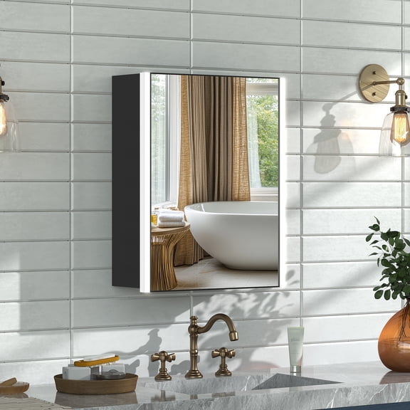 Jarbalai 20x16" LED Lighted Medicine Cabinet, Black Single Door Wall Mount Bathroom Mirror Cabinet