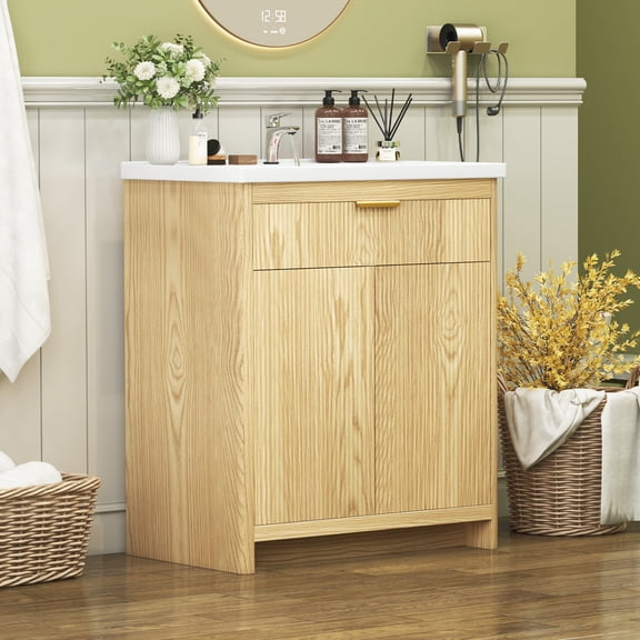 Jarbalai 31.5" Modern Wood Grain Bathroom Vanity with Ceramic Sink, Storage Cabinet Shelves