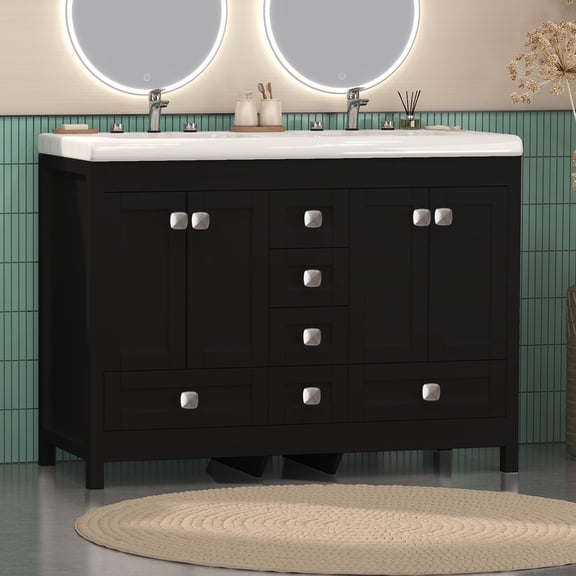 Jarbalai 47" Black Bathroom Vanity Freestanding with Double Sink and 6 Drawers and Cabinet, Ceramic Top