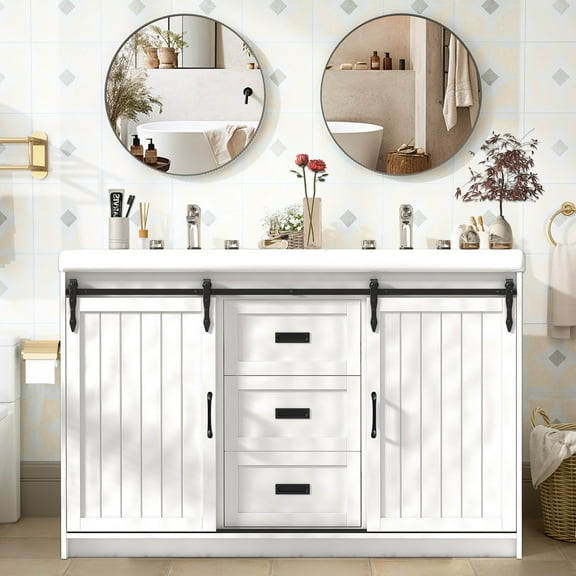 Jarbalai 47" Double Sink Farmhouse Bathroom Vanity with Sliding Barn Doors, White