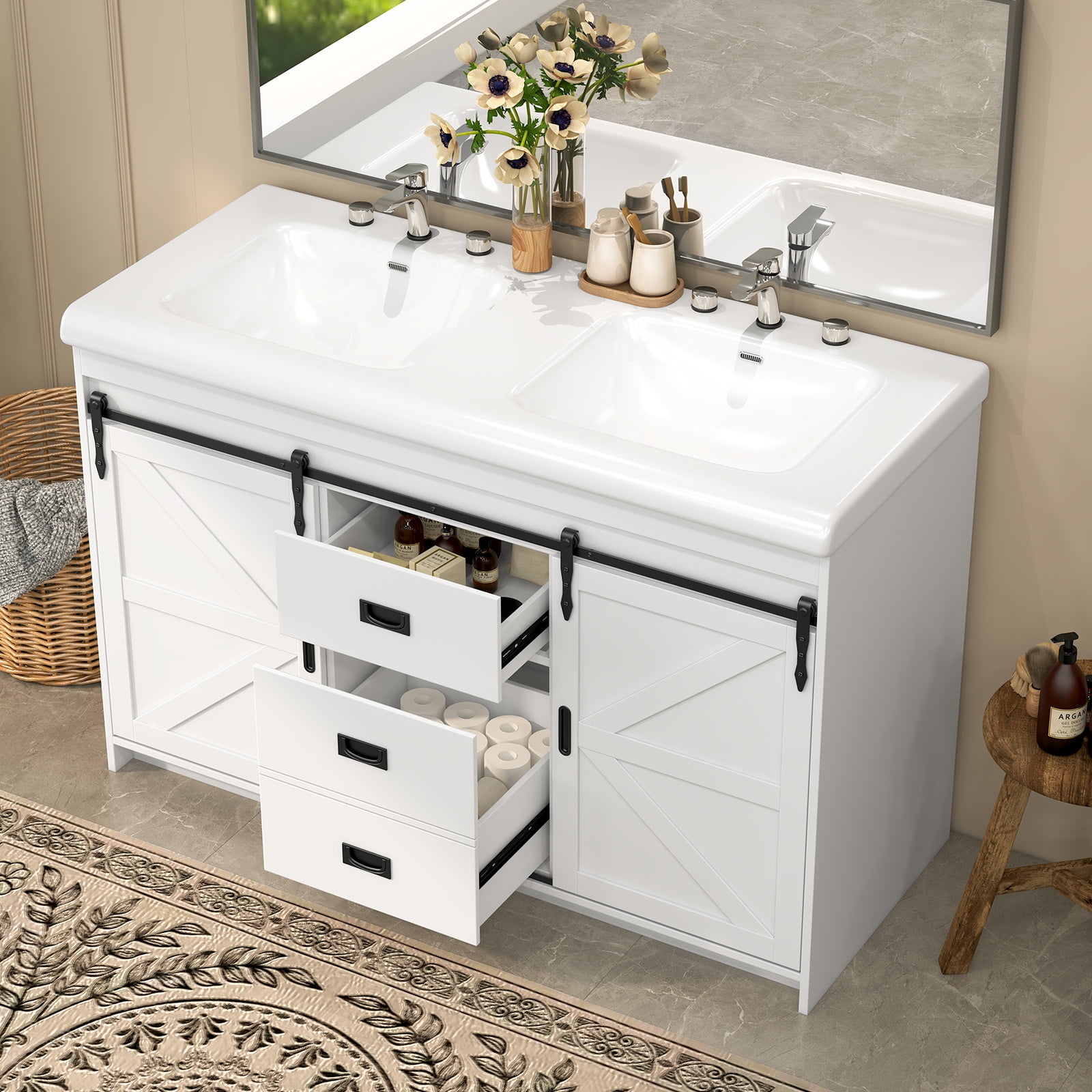 Jarbalai 47" Freestanding Bathroom Vanity with Double Ceramic Basin and Sliding Doors, White