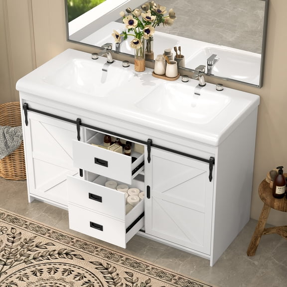 Jarbalai 47" Freestanding Bathroom Vanity with Double Ceramic Basin and Sliding Doors, White