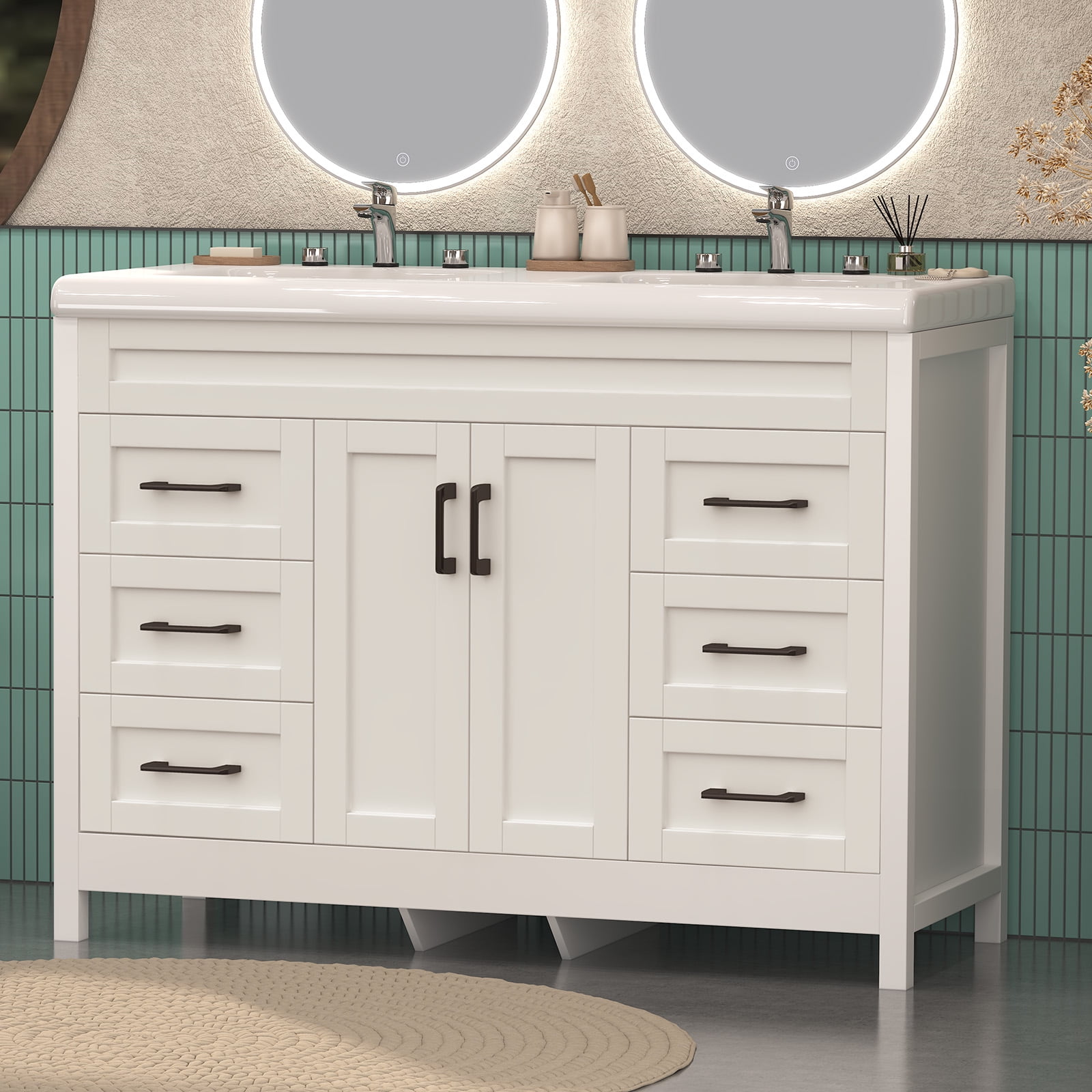 Jarbalai 47" Freestanding Bathroom Vanity with Twin Basin and Cabinet Storage and Drawers, White