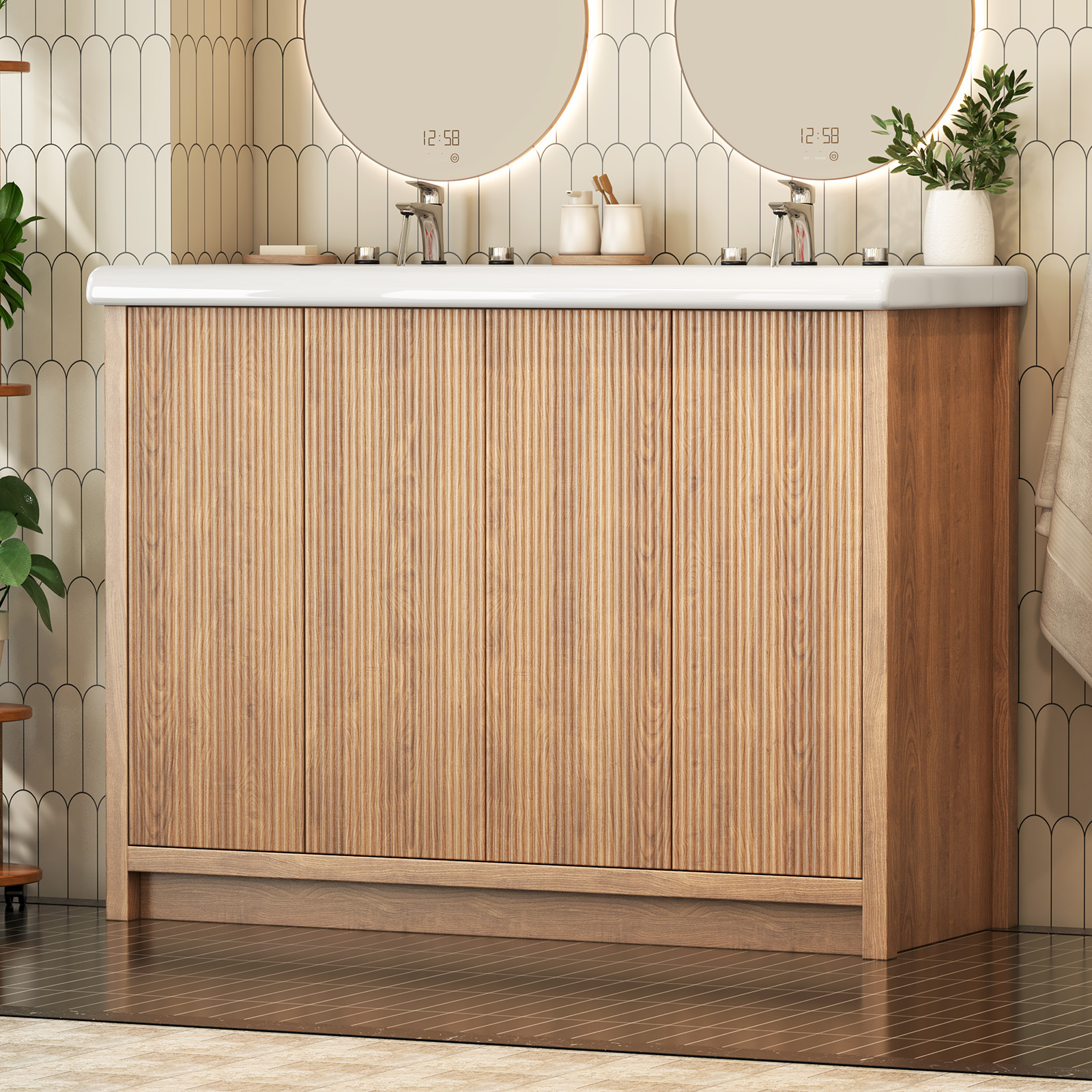 Jarbalai 47" Freestanding Double Sink Bathroom Vanity and Storage Shelves Cabinet, Oak