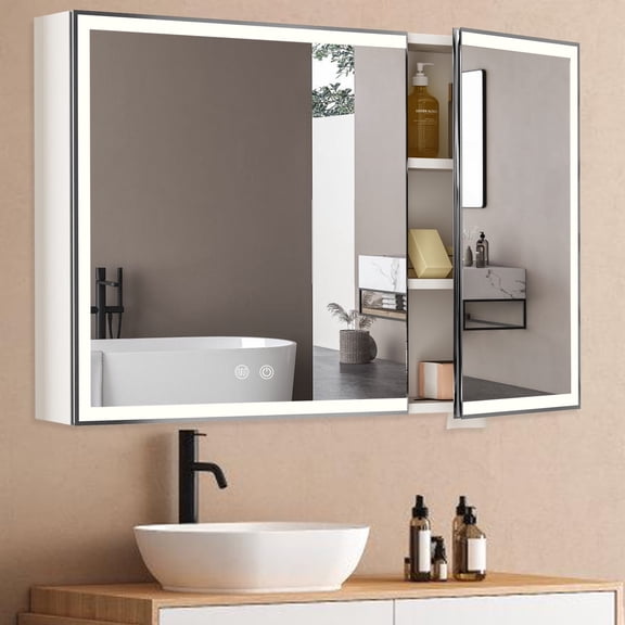 Jarbalai Bathroom Medicine Cabinet with Mirror and Lights, Wall Mounted Storage Cabinet w/ Defogger, Dimmable, Memory Function, 31.5"x23.6", White