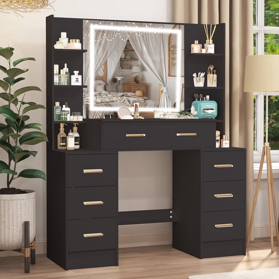 Jarbalai Black Lighted Makeup Vanity Table, Large Vanity Set with Mirror, 7 Drawers & Shelves, 3 Color LED Lights Vanity Desk for Bedroom