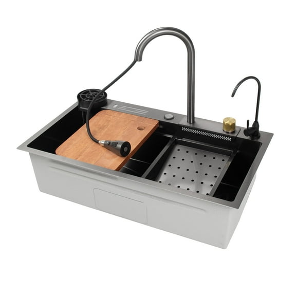 Jarbalai Kitchen Sink | Black | Drop in | 31.5" | Stainless Steel | Waterfall Sprayer Faucet | Glass Washer