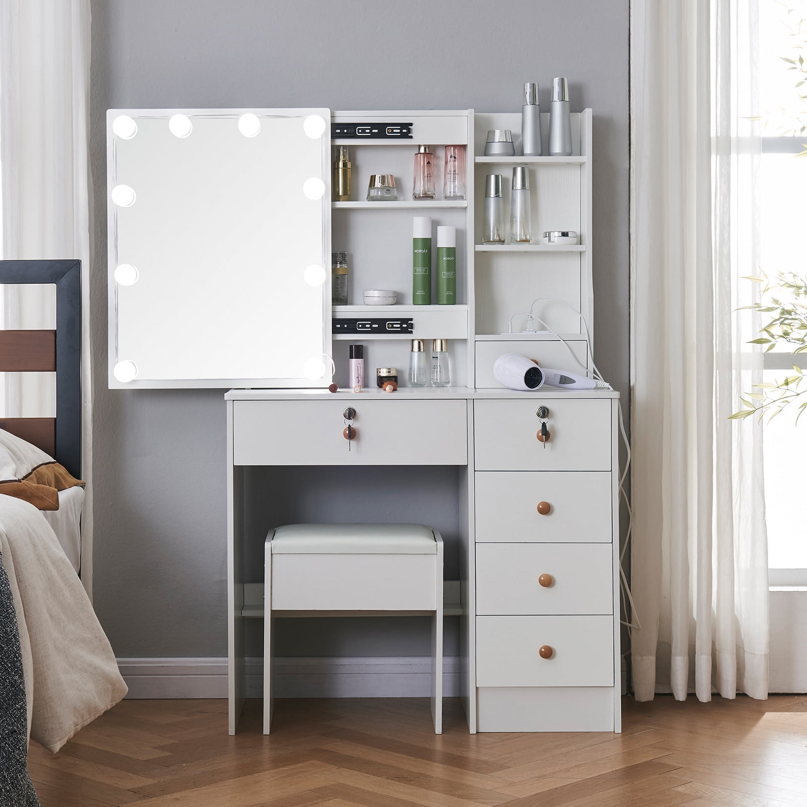 Jarbalai Lighted Vanity Table Set with USB Charging Station, Makeup