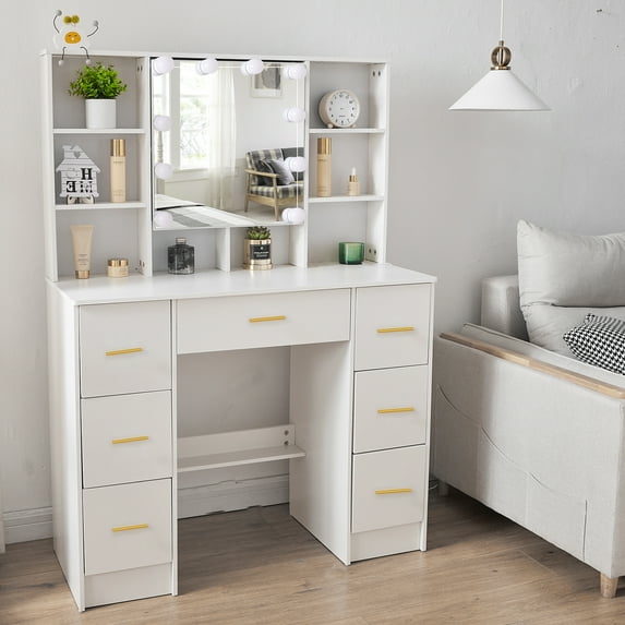 Jarbalai Makeup Table Set with LED Lights Mirror, White Vanity Desk Dressing Table w/ Drawers for Girls Bedroom