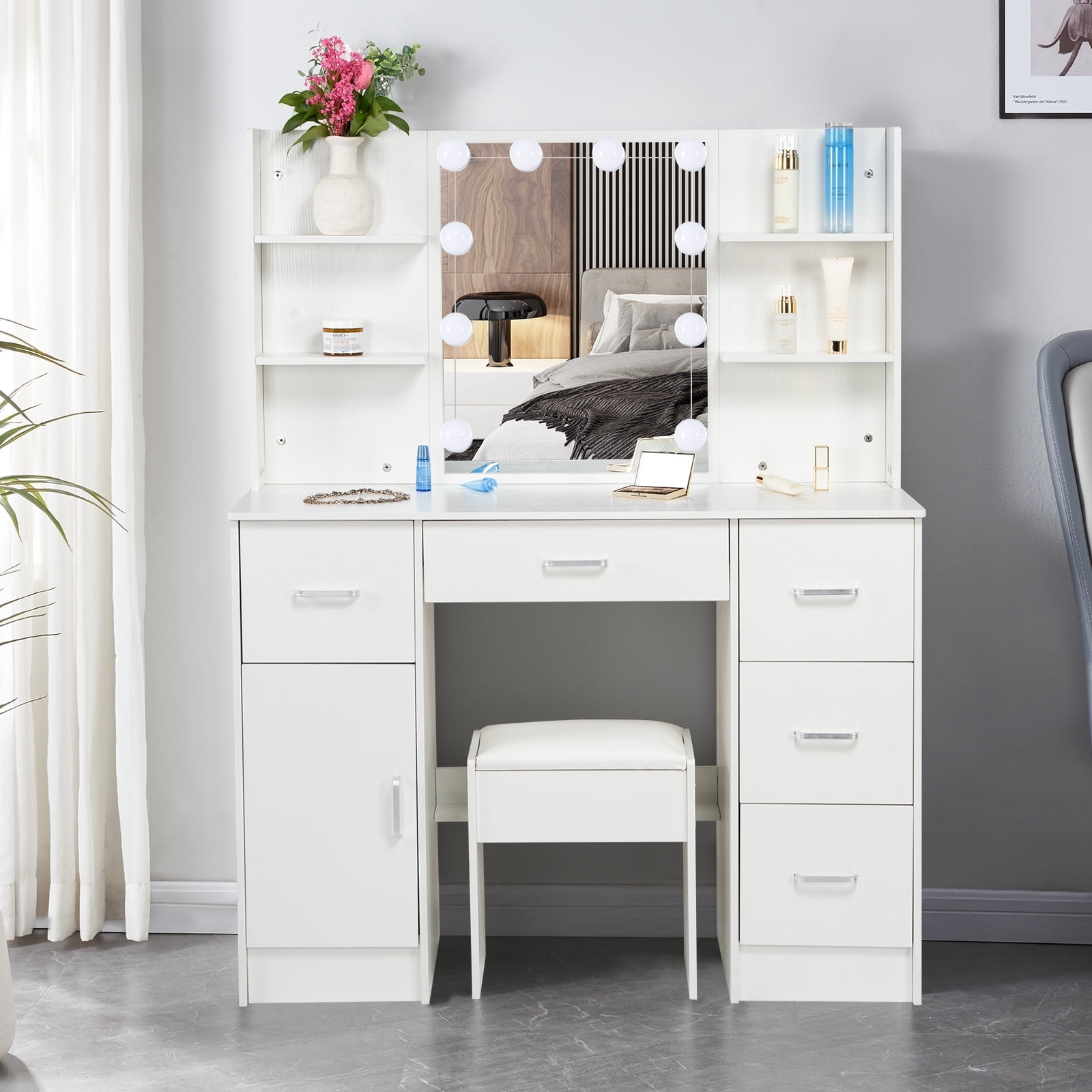 Jarbalai Makeup Vanity Desk with Mirror and Lights, Vanity Table Set 