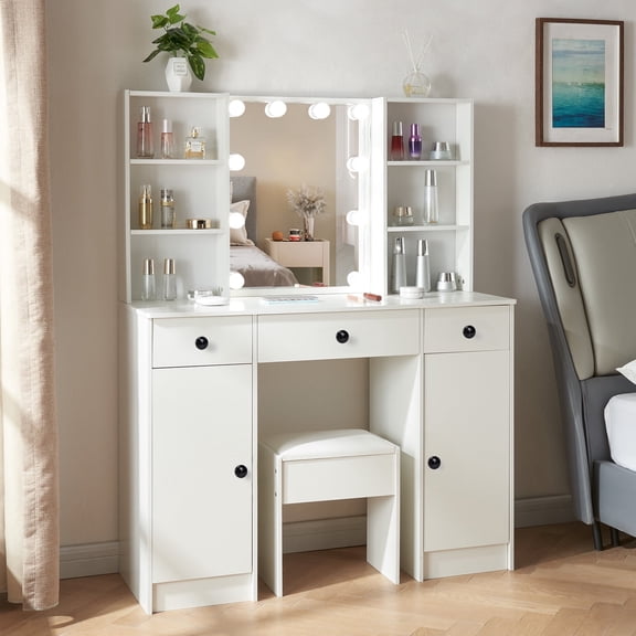 Jarbalai Makeup Vanity Desk with Lighted Mirror, Makeup Table with 3 Drawers & Stool, Vanity Set for Girls Bedroom, White