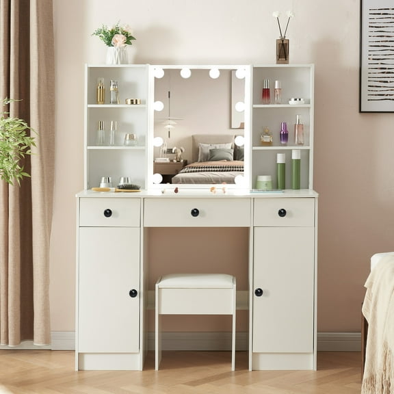 Jarbalai Makeup Vanity Set with LED Lighted Mirror, Modern Vanity Desk w/ Drawers & Stool, Dressing Table for Women Girls, White
