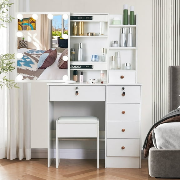 Jarbalai Makeup Vanity Set with Sliding Mirror, 3-Mode Lights Vanity Desk, 6-Drawer Dressing Table with Stool for Girls, White