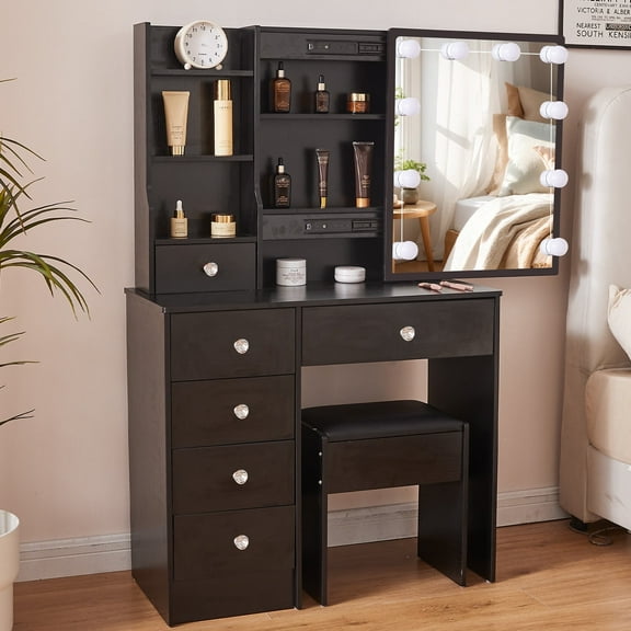 Jarbalai Makeup Vanity Table Set with Lights & Mirror, Vanity Desk for Girls, Dressing Table with Stool & Shelves, Black