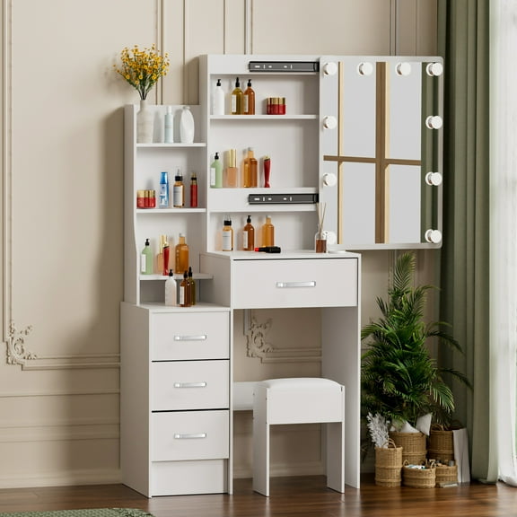 Jarbalai Makeup Vanity Table with Mirror and Lights, Vanity Desk w/ Stool for Girls Dressing, White