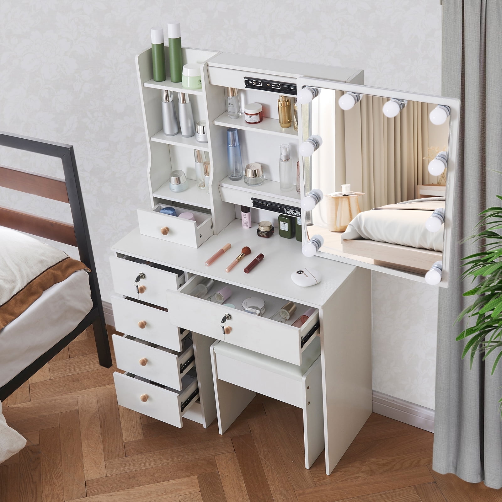 Jarbalai Makeup Vanity with 10 LED lights, Small Vanity with Mirror for 