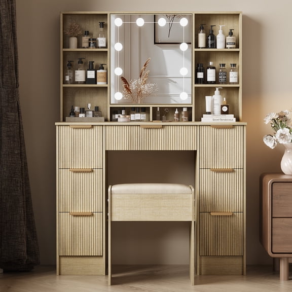 Jarbalai Modern Fluted Vanity Desk with Glow-Up LED Mirror & 7 Drawers, Aesthetic Beauty Station