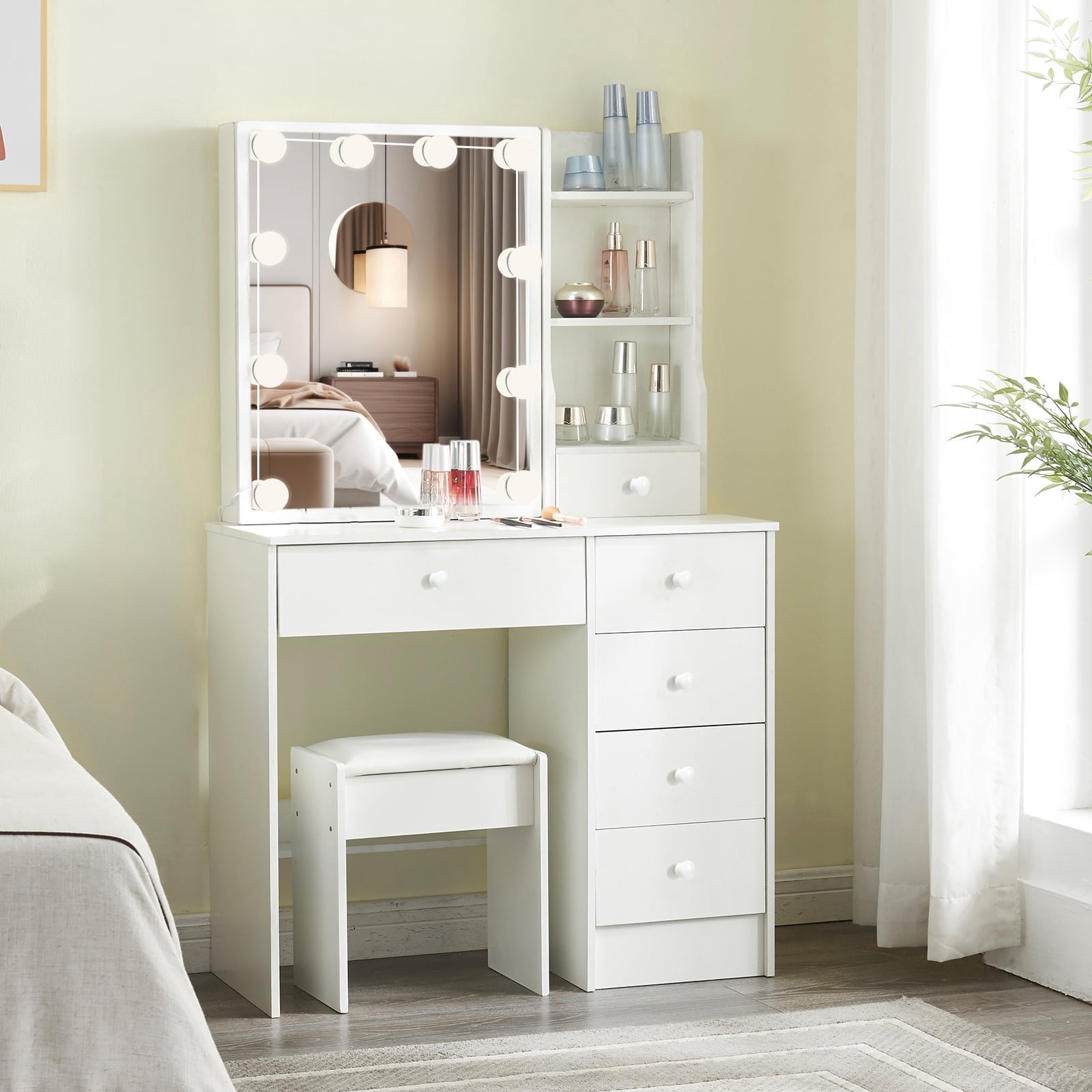 Jarbalai Vanity Desk with Lights Makeup Table with Slidable Mirror ...