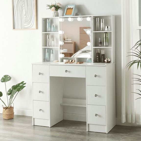Jarbalai White Vanity Desk with Lighted Mirror & 7 Drawers, Makeup Table with Hidden Storage Shelves