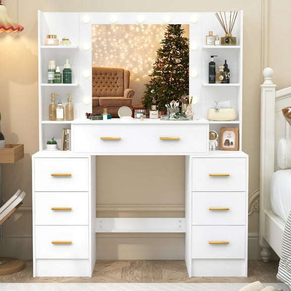 Jarbalai Lighted Makeup Vanity with Mirror, 7 Drawers Large Dressing Table for Women, White