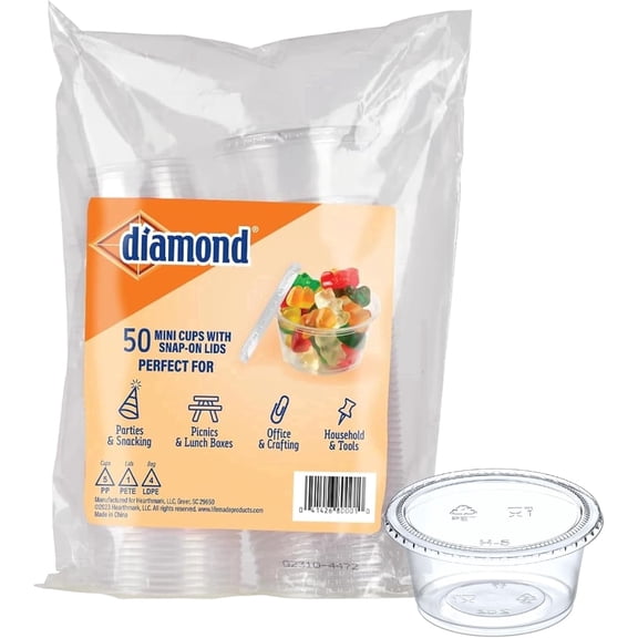 400ct Diamond 2oz Plastic Condiment Portion Cups with Lids, Multipurpose Mini Cups- 8 packs of 50