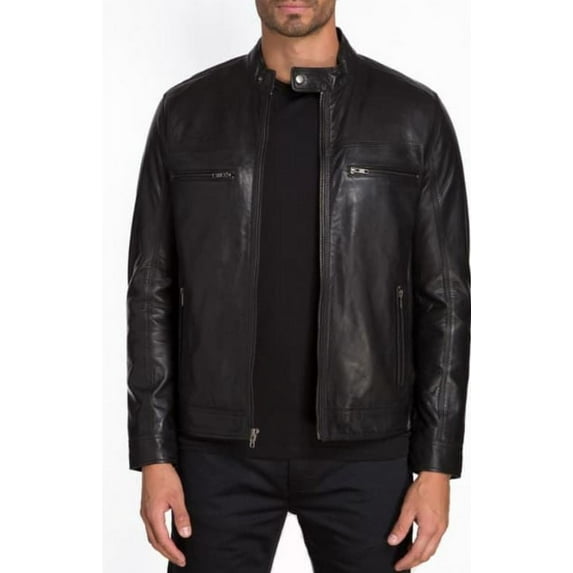 Jared Lang Men's Black Leather Moto Jacket, Large
