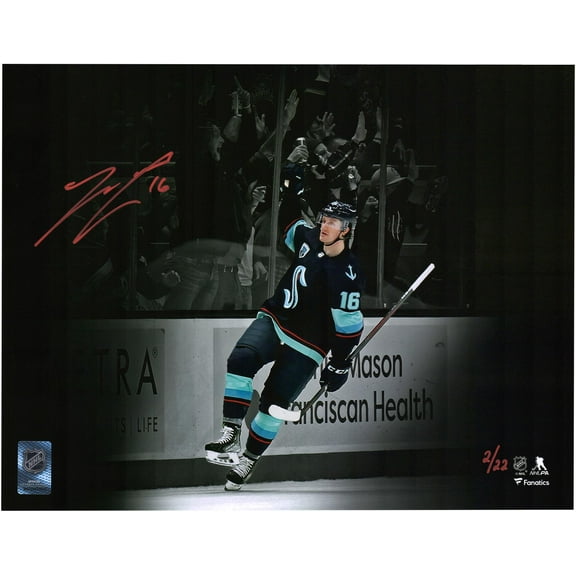 Jared McCann Seattle Kraken Autographed 11" x 14" Navy Jersey Celebration Spotlight Photograph - Limited Edition of 22 - Fanatics Authentic Certified