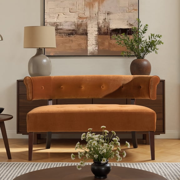 Jared Roll Arm Bench Settee, Burnt Orange Performance Velvet - 46 Wide