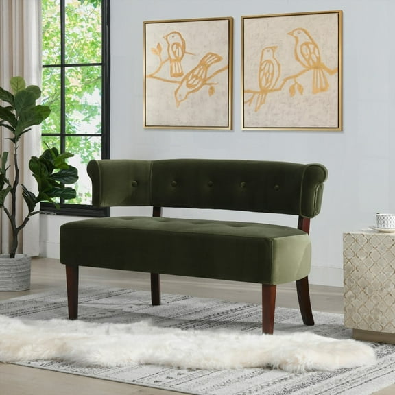 Jared Roll Arm Tufted Bench Settee - 1-Piece Olive Green Performance Velvet, Sturdy Frame