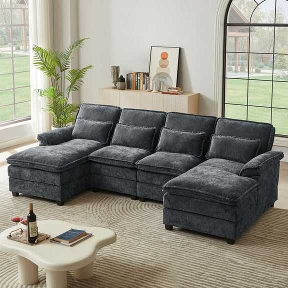 Jarenie Modern Fabric U-Shapped Sofa Sectional Couche for Living Room Convertible Sofa with Ottoman Darkgrey