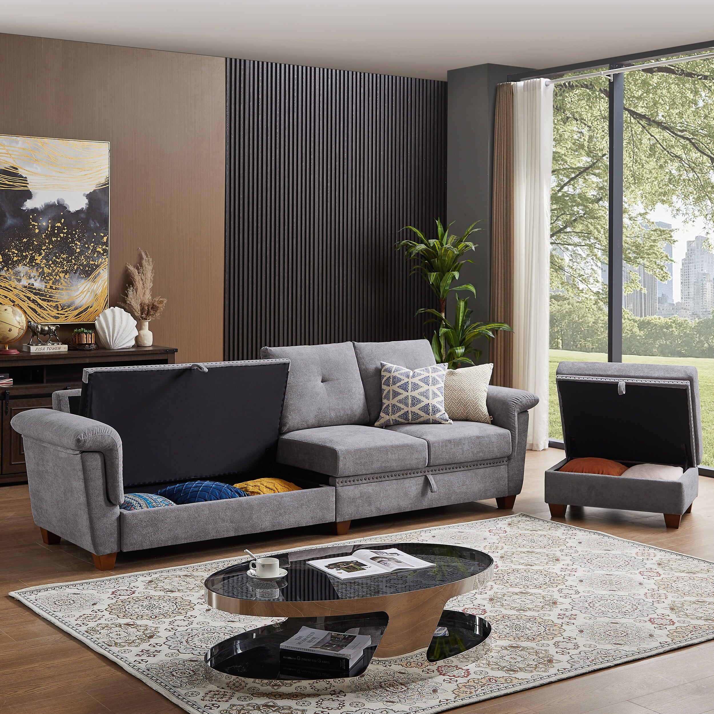 Light Grey Linen Sectional Sofa with Ottoman and Hidden Coffee Table