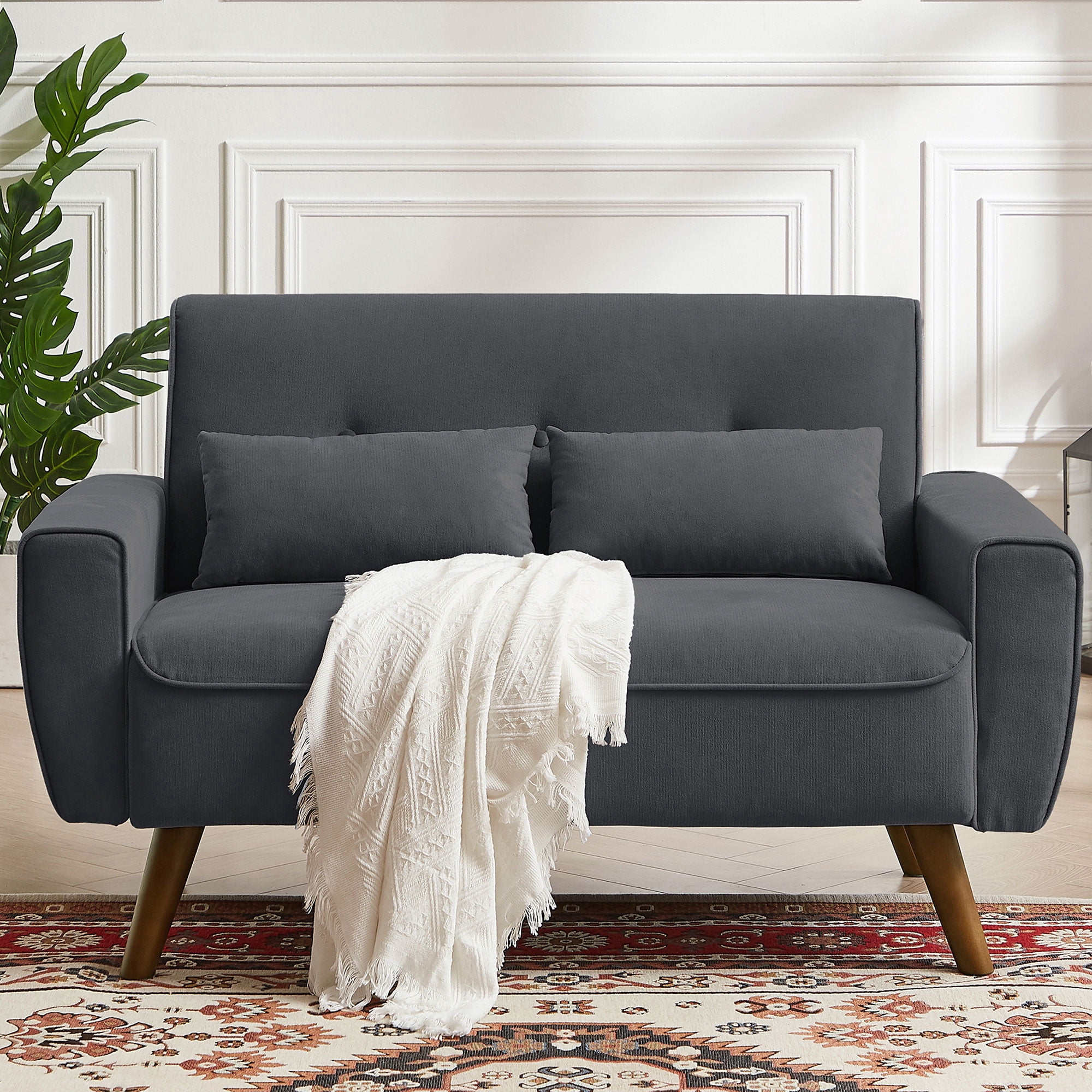 "Jarenie 47"" Mid-Century Modern Loveseat Sofa, Linen Fabric 2-Seat Couch with Tufted Back, Dark Grey"