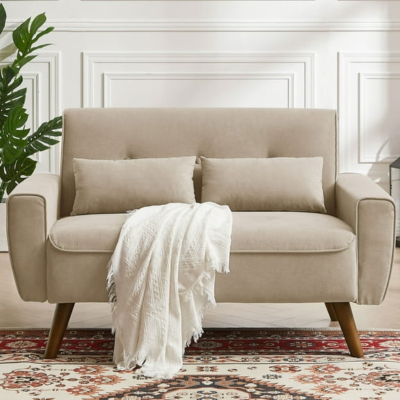 Jarenie 47" Small Modern Loveseat Sofa, Mid Century Linen Fabric 2-Seat Sofa Couch Tufted Love Seat with Back Cushions and Tapered Wood Legs for Living Room, Bedroom and Small Space Beige