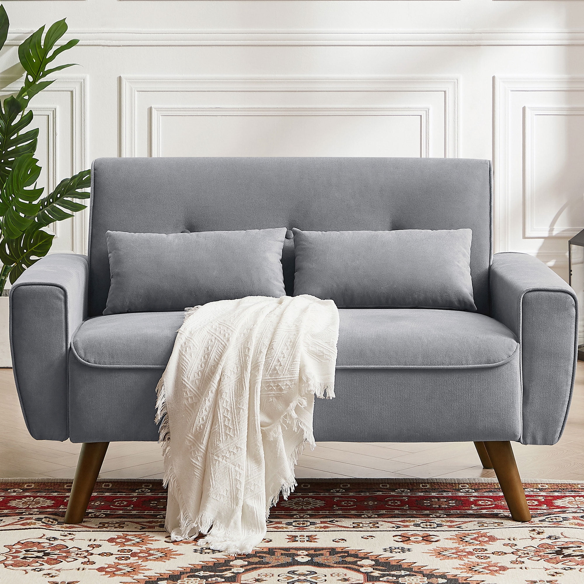 Jarenie 47" Small Modern Loveseat Sofa, Mid Century Linen Fabric 2-Seat Sofa Couch Tufted Love Seat with Back Cushions and Tapered Wood Legs for Living Room, Bedroom and Small Space LightGrey