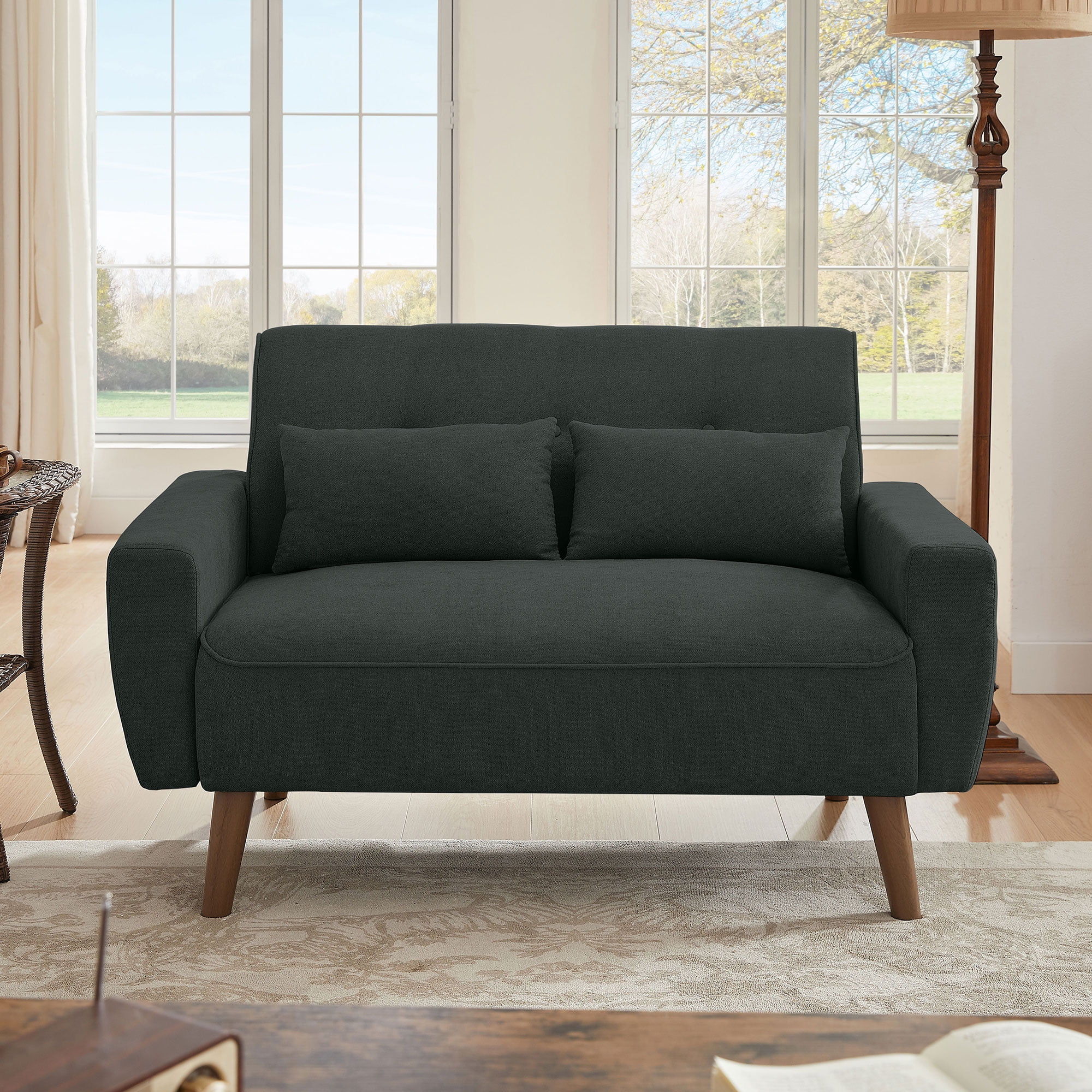 Jarenie 47" Small Modern Loveseat Sofa, Mid Century Linen Fabric 2-Seat Sofa Couch Tufted Love Seat with Back Cushions and Tapered Wood Legs for Living Room, Bedroom and Small Space Black