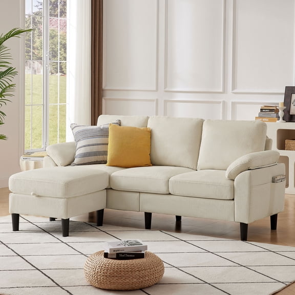 "Jarenie 79"" Convertible Sectional Sofa with Storage Chaise, Reversible Linen Fabric, Small L-Shaped Couch"