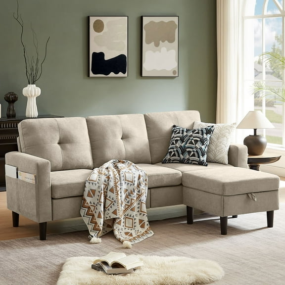 Jarenie  79" Convertible Sectional Sofa, Small L Shaped 3 Seat Couch with Storage Chaise and Side Pocket, Modern Linen Fabric Reversible Sofa Couches for Living Room, Apartment and Small Space