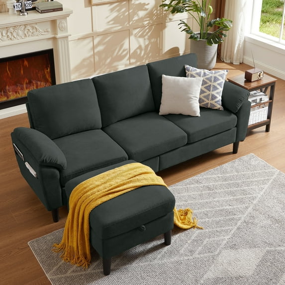 Jarenie 80" Convertible Sectional Sofa, Small L Shaped 3 Seat Couch with Reversible Storage Chaise, Modern Polyester Fabric Sofa Couches for Living Room, Apartment and Small Space, Black