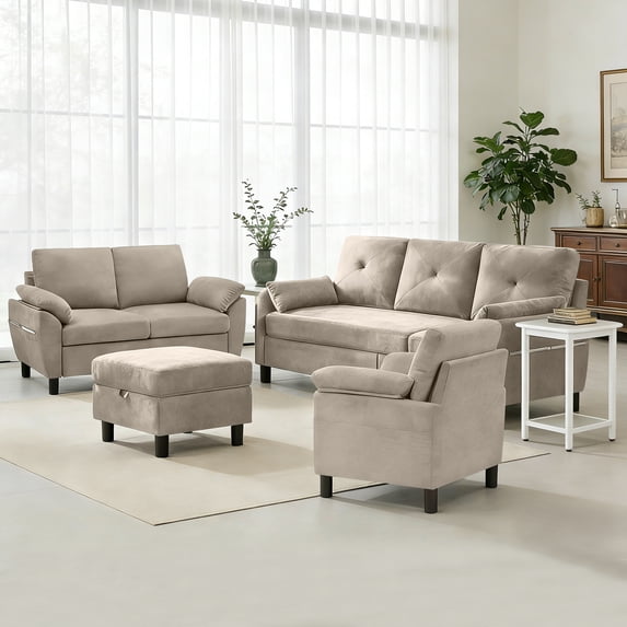 Jarenie Beige L-Shaped Sleeper Sofa with Reversible Chaise & Storage Pockets – Perfect for Small Spaces