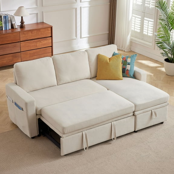 Jarenie Beige L-Shaped Sleeper Sofa with Reversible Chaise & Storage Pockets – Perfect for Small Spaces