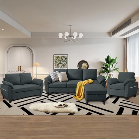 Jarenie 4 Piece Convertible Sectional Sofa Set, Modern Linen Small L Shaped Couch with Reversible Chaise, 3-Seater Sofa & Loveseat & Armchair for Living Room, Office, Apartment, Dark Grey
