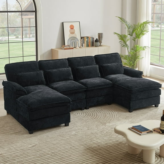 Jarenie Modern Fabric U-Shaped Sectional Sofa with Convertible Ottoman, Black