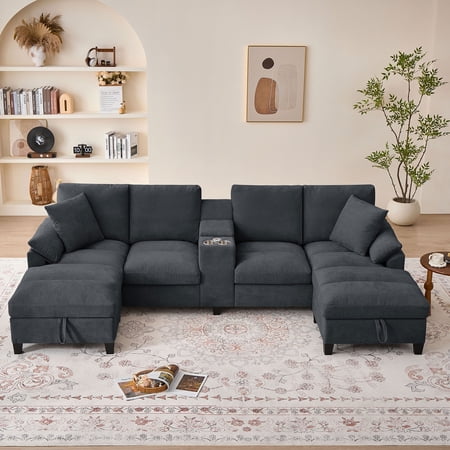 Jarenie Plush Convertible Sectional Sofa with Double Chaise & Ottoman, Sleepable Armrests, Dark Grey