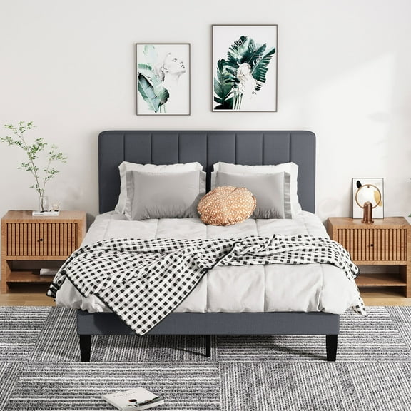 Jarenie Full Size Bed Frame with Fabric Upholstered Platform Bed and Wooden Slats Support, Adjustable Height Headboard/No Box Spring Needed/Easy Assembly/Mattress Foundation