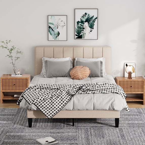 Jarenie Full Size Bed Frame with Fabric Upholstered Platform Bed and Wooden Slats Support, Adjustable Height Headboard/No Box Spring Needed/Easy Assembly/Mattress Foundation