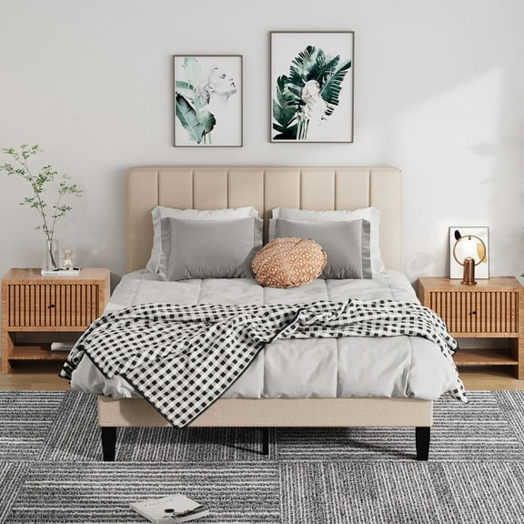 Jarenie Full Size Bed Frame with Fabric Upholstered Platform Bed and Wooden Slats Support, Adjustable Height Headboard/No Box Spring Needed/Easy Assembly/Mattress Foundation